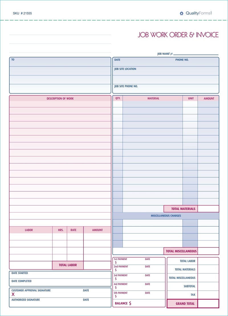 NextDayLabels - Contractor Job Work Order, Invoice & Grid Sheet, 2 Part Carbonless, 100 Per Pack - Image 1